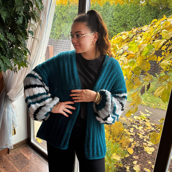 Turquoise Knit Cardigan: Oversized Wool Jacket, Striped Bell Sleeves, code IA3